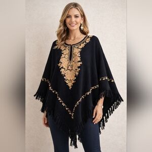 Embroidered Poncho Black Boho Fringe Hem Oversized Festival Top Bohemian Artsy